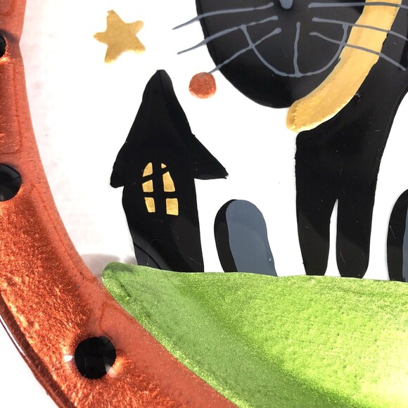 Large Halloween Black Cat Glass Platter Plate Artist Fused Painted Glass 14" EUC - Picture 7 of 10